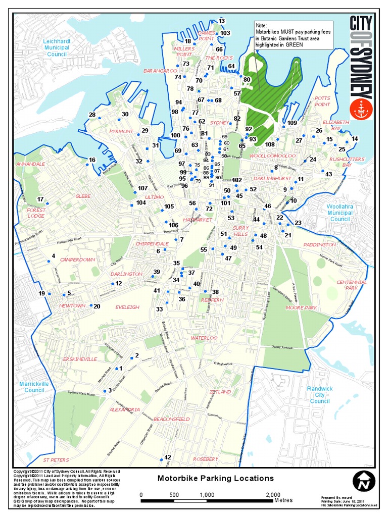 City of Sydney Motorcycle Parking Map and Table PDF