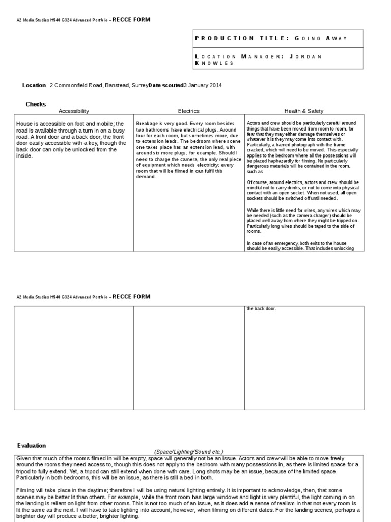 Location Recce Template Word