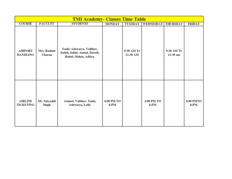 TMI Academy Class Schedule | PDF