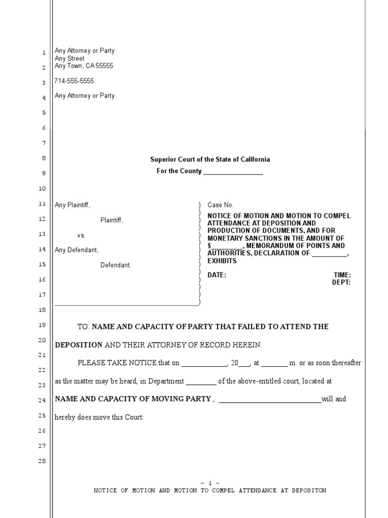 Sample Motion to Compel Attendance at Deposition for California
