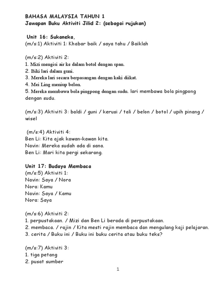 Jawapan Buku Aktiviti Bm Tahun 1 Jilid 2