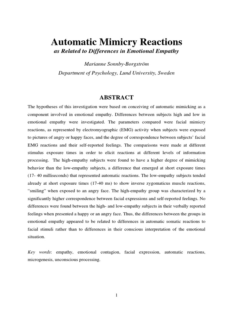 Automatic Mimicry Reactions Empathy Affect (Psychology)