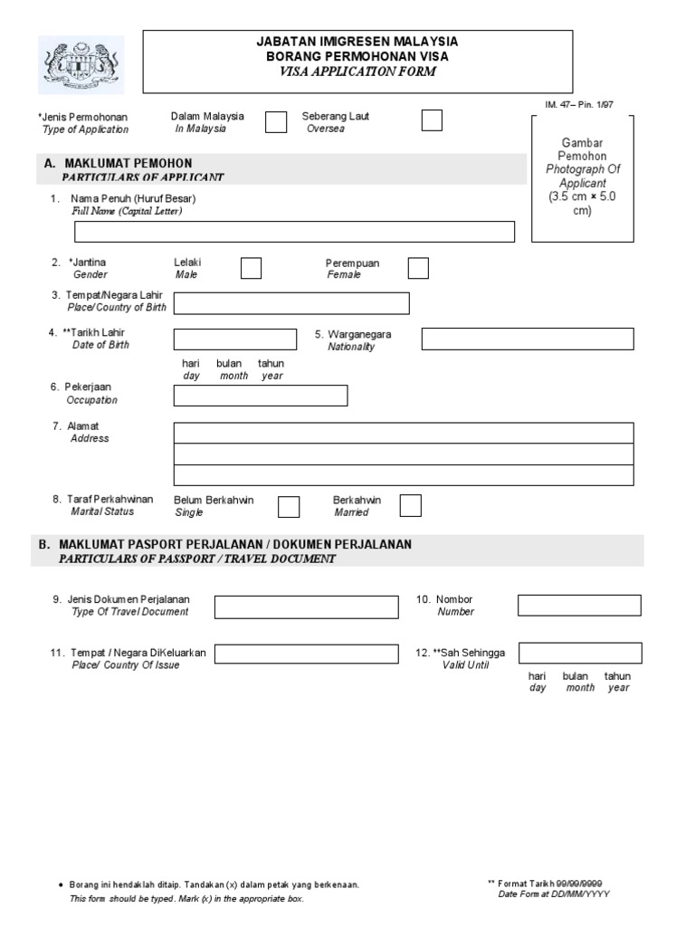 MALAYSIA Visa Application Form PDF