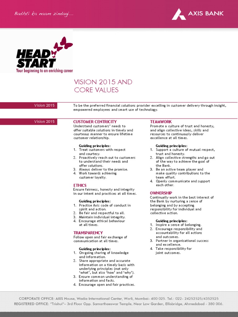 Axis Bank Core Values and Mission | PDF