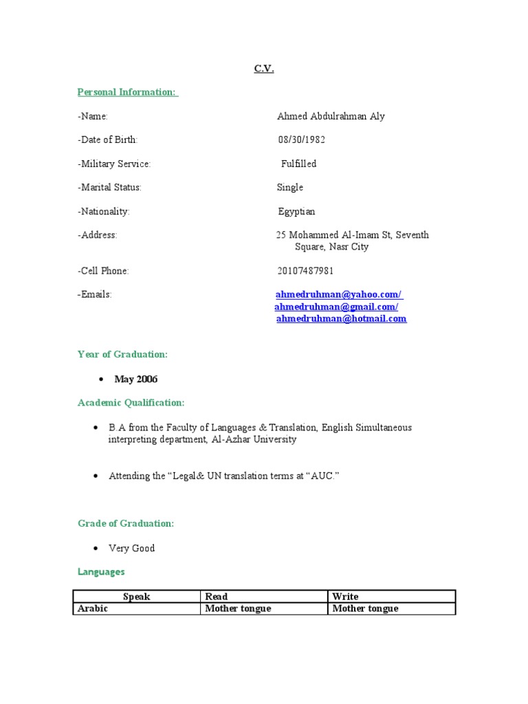 C V Personal Information Name Date Of Birth Military