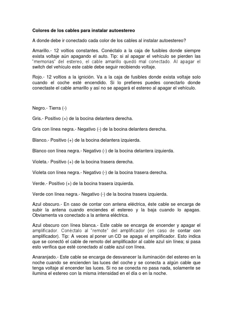 Colores de Los Cables Instalar Autoestereo | PDF Amarillo | Electromagnetismo