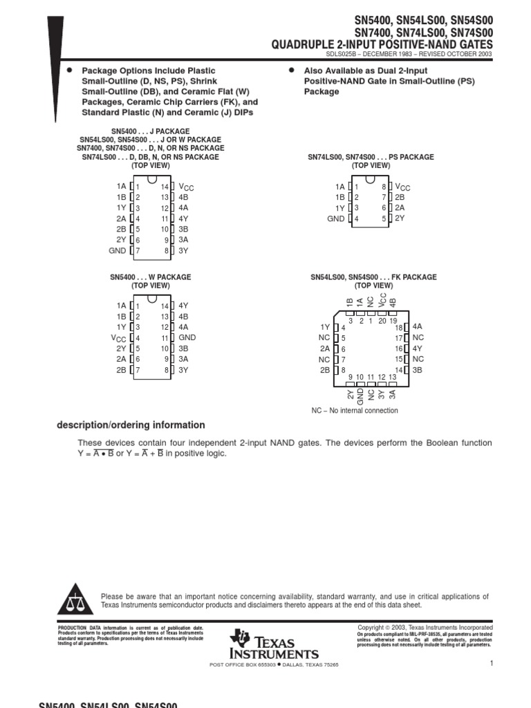 Sn5400, Sn54ls00, Sn54s00 Sn7400, Sn74ls00, Sn74s00 Quadruple 2 Input ...