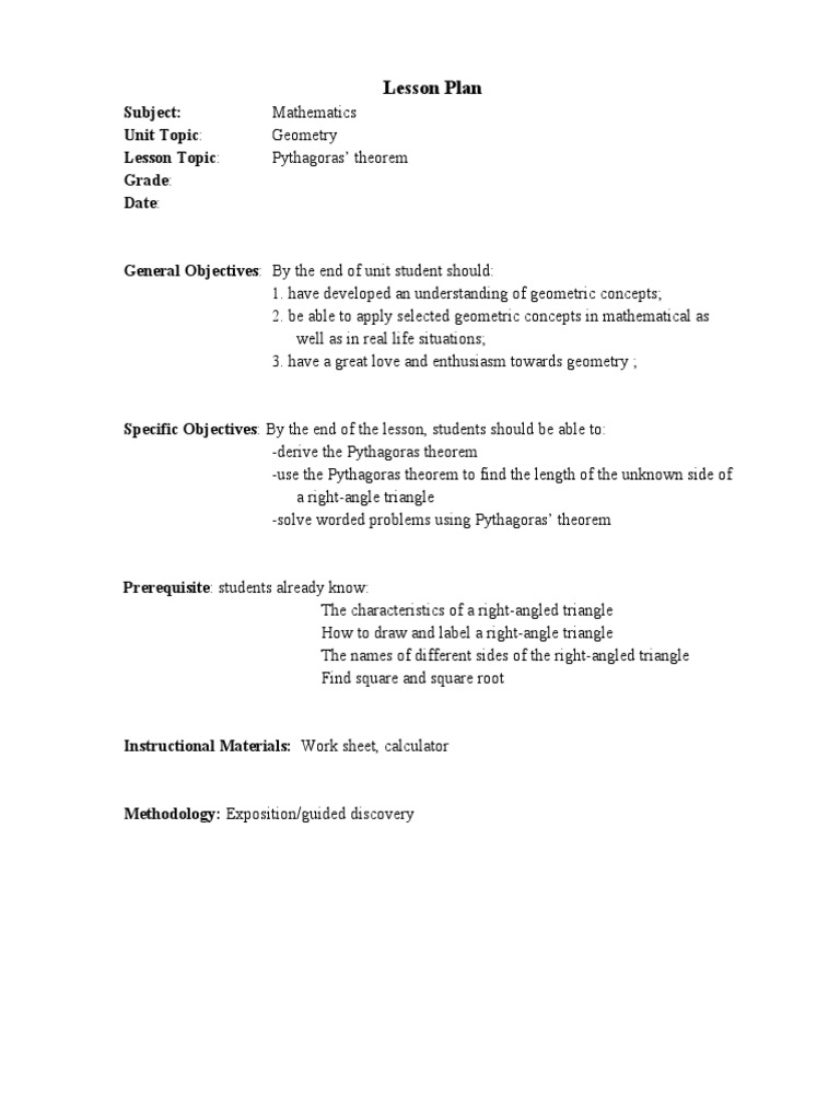 Pythagorean Theorem Lesson Plan | PDF | Triangle | Elementary Geometry