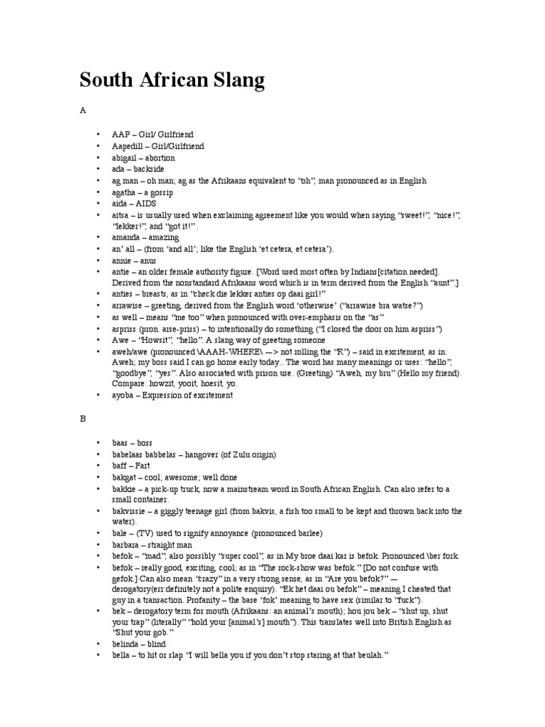 South African Slang and Meanings | PDF | Foods