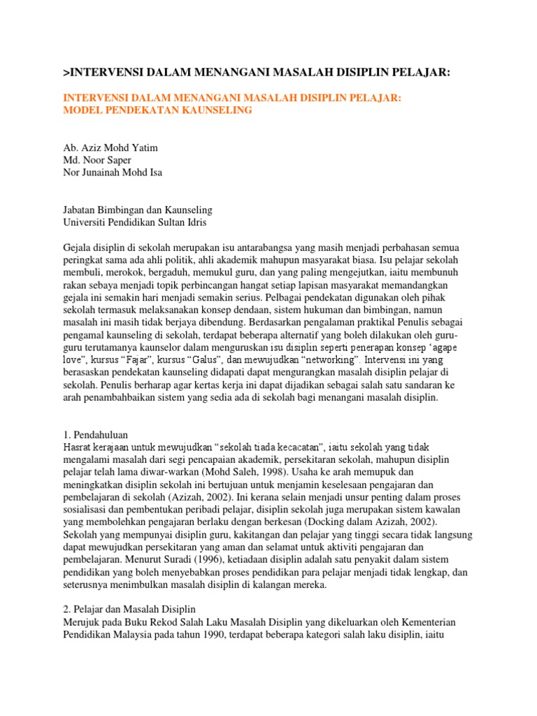 Intervensi Dalam Menangani Masalah Disiplin Pelajar Pdf