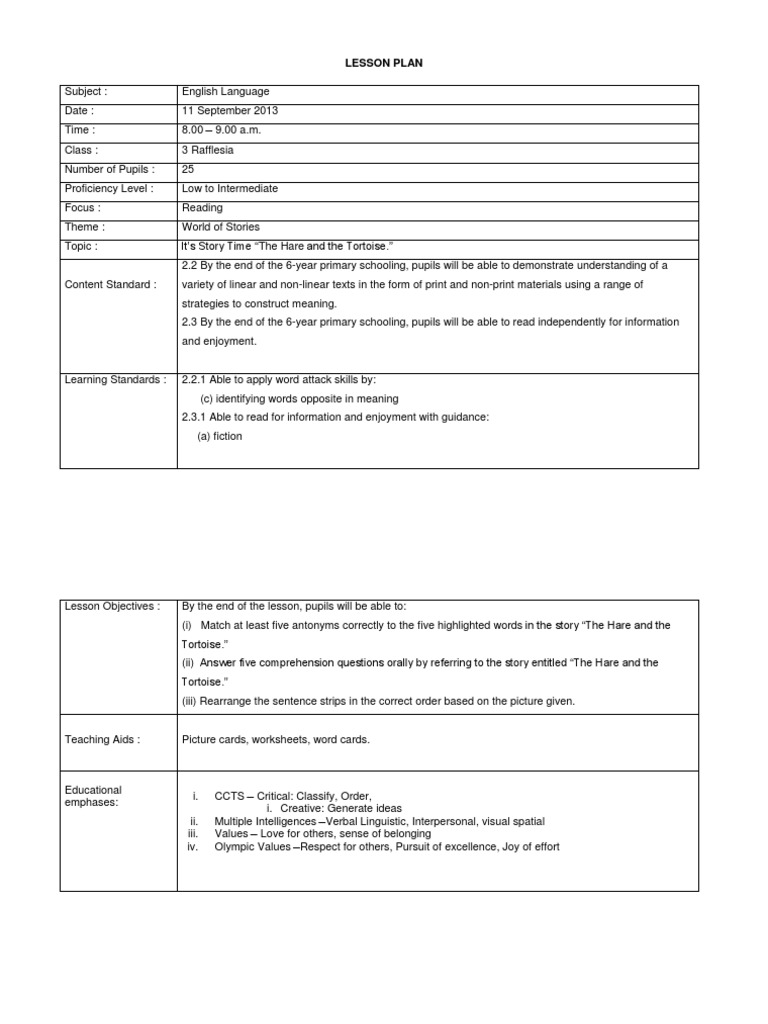 English Lesson Plan: The Hare and the Tortoise | PDF | Lesson Plan ...