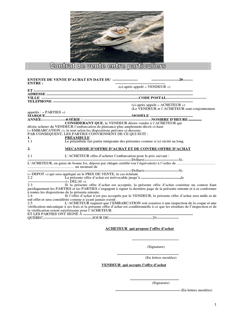 Contrat Vente Entre Particuliers Offre D Achat D Un Bateau En Courtage Affaires