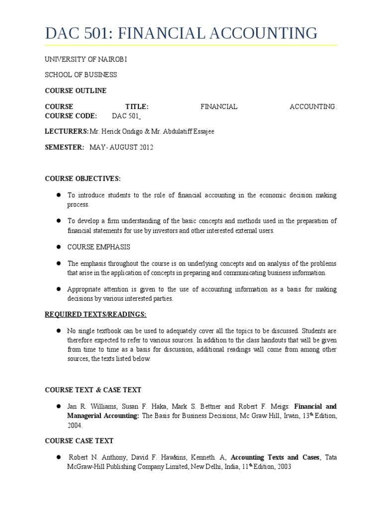DAC 501 Financial Accounting I | PDF | Financial Statement | Accounting
