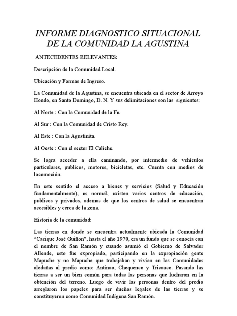 Informe Diagnostico Situacional de La Comunidad La Agustina | PDF | Adultos  | Derechos humanos