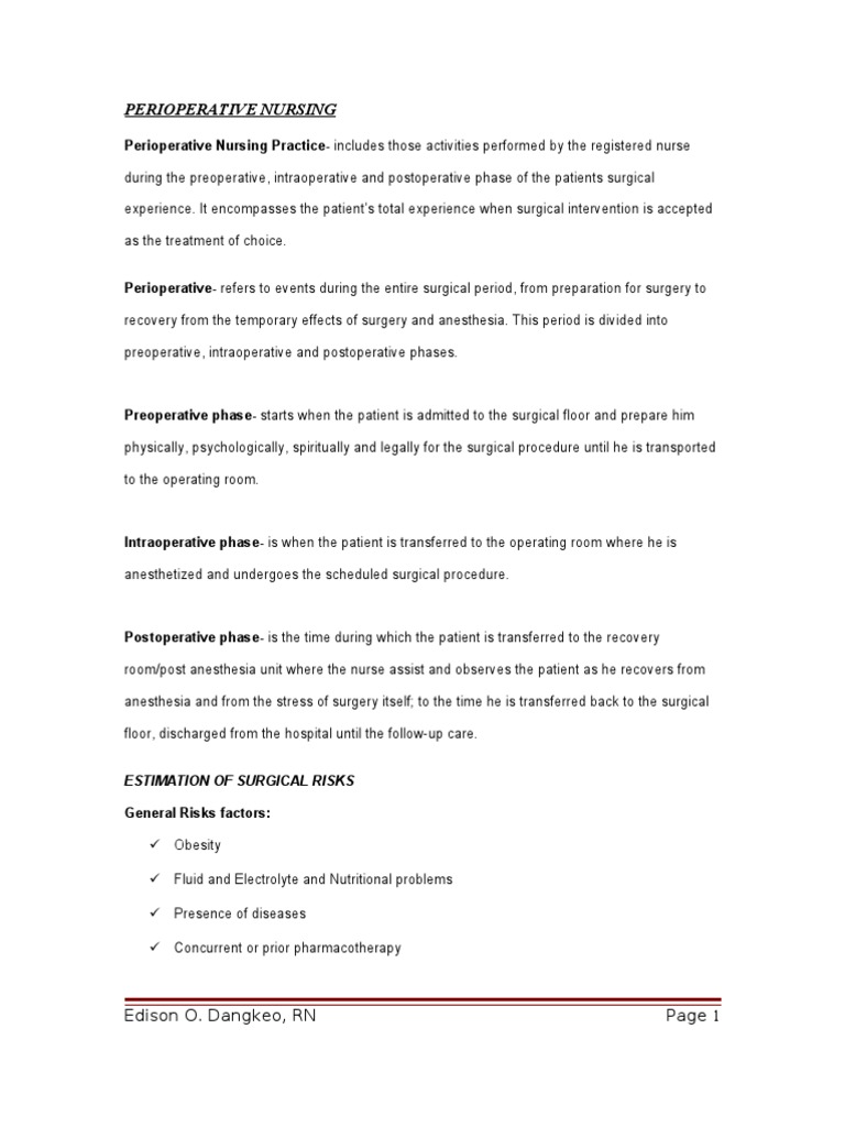 Phases of Perioperative Nursing Care | PDF | Perioperative | Surgery