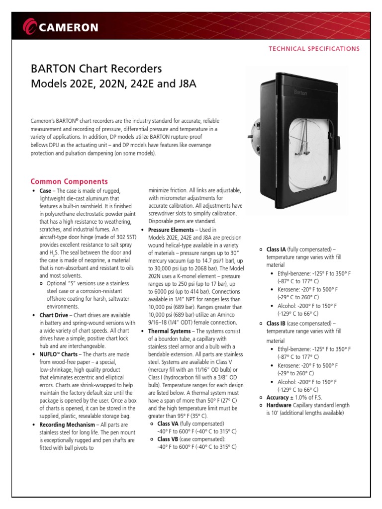 AD00877M BARTON Chart Recorders Models 202E 202N 242E J8A Data Sheet PDF PDF Pressure