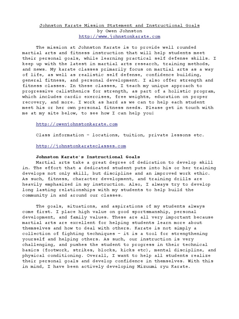 Johnston Karate Mission Statement PDF Combat Sports Learning