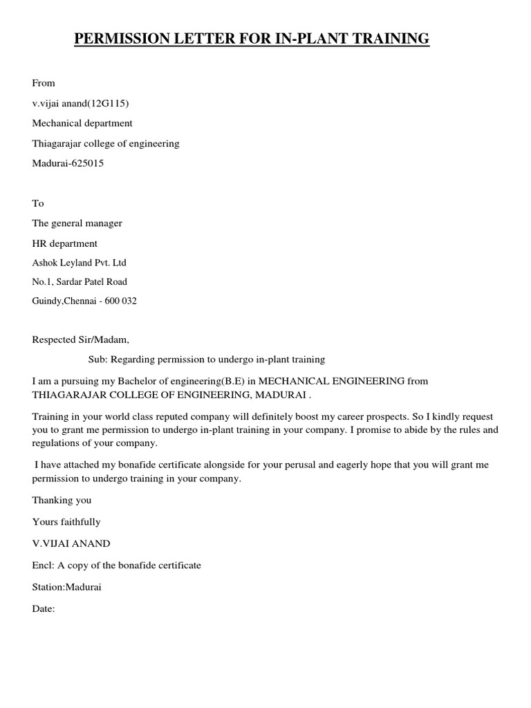 Permission Letter for inplant training in college