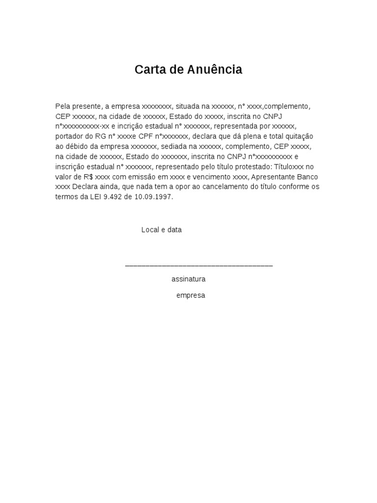 Carta De Anuência Modelo Pdf