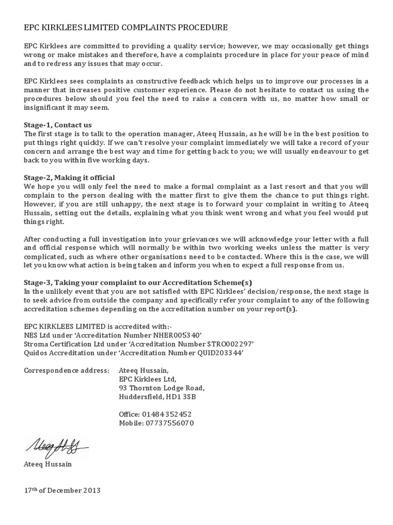 Epc Kirklees Limited Complaints Procedure PDF Business