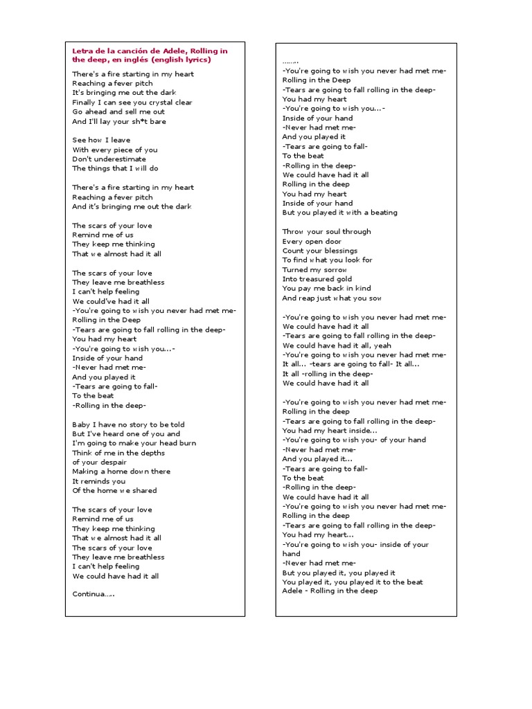Adele - Rolling in The Deep - Rodando en Las Profundidades | PDF ...