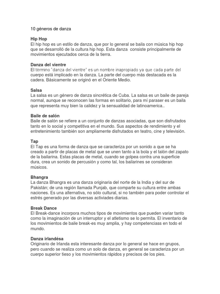 10 géneros de danza y sus características | PDF | Bailes | Canguelo