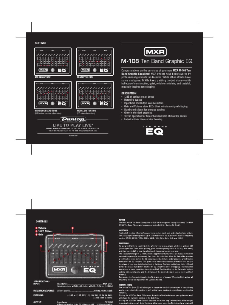【箱・説明書付き美品】MXR M108 Ten Band Graphic EQ MXR M-108 Ten Band EQ Settings Guide | PDF | Sound Production