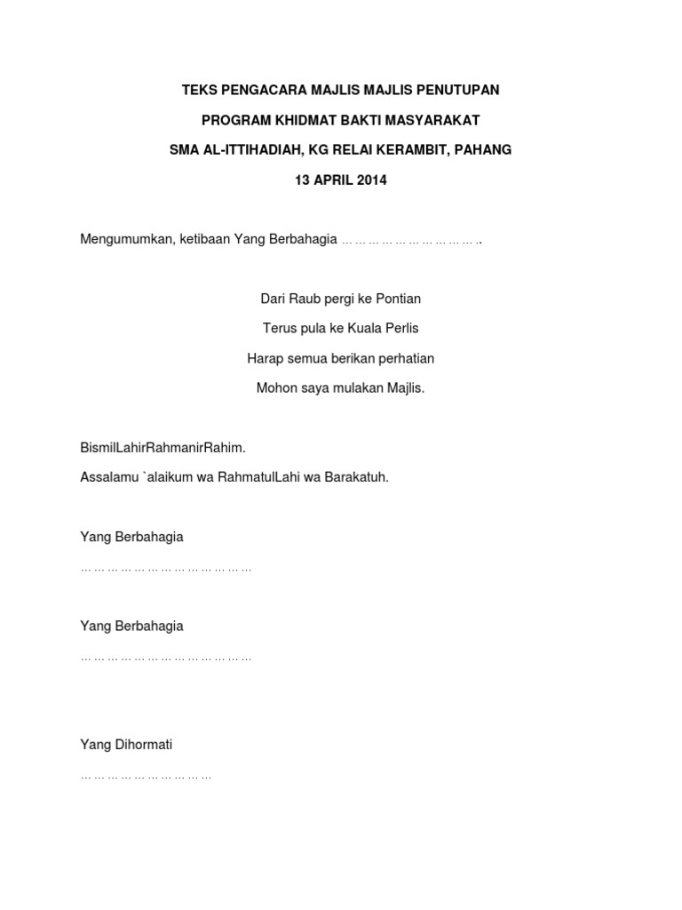 Teks Pengacara Majlis Majlis Penutupan Bersama Komuniti