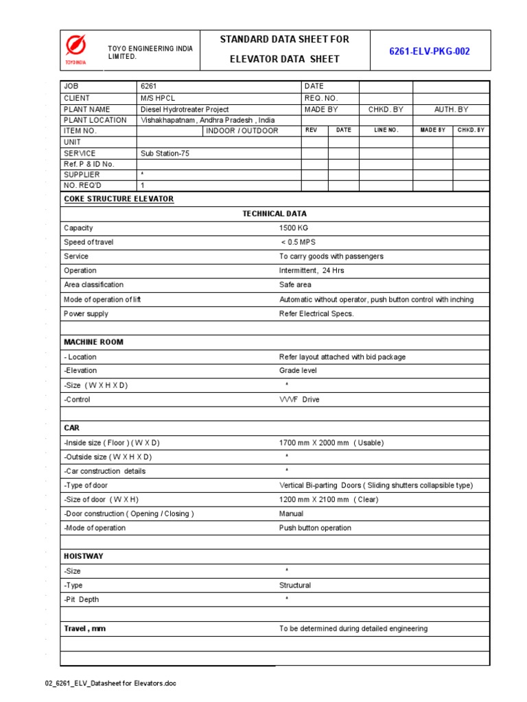 Elevator Data Sheet for HPCL Project | PDF | Elevator | Transport