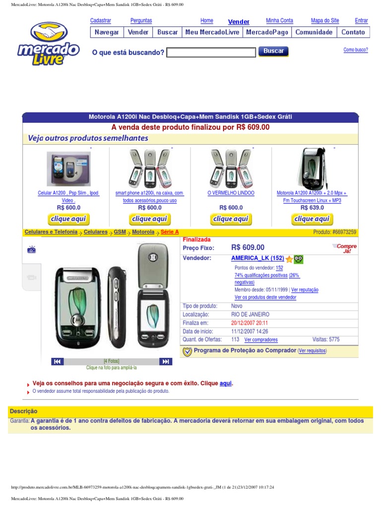 Motorola A1200i Nac Desbloq+Capa+Mem Sandisk 1GB+Sedex Gratis - R$ 609 00 -  AMERICA LK