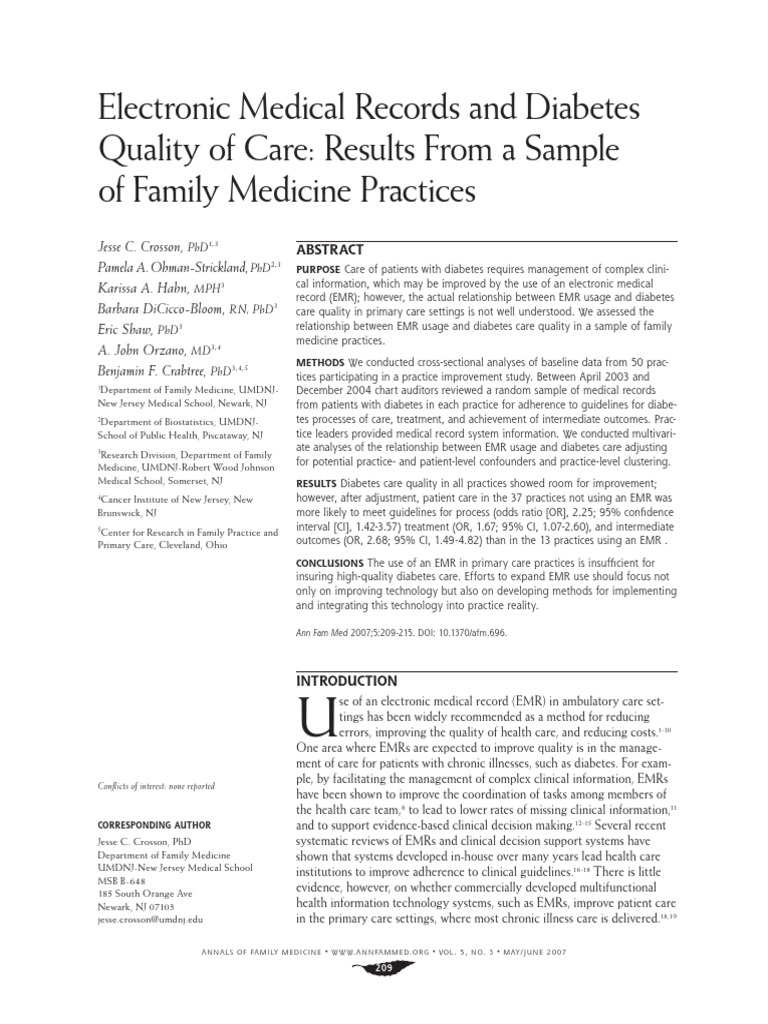 Electronic Medical Records and Diabetes Quality of Care Results From A Sample of Family