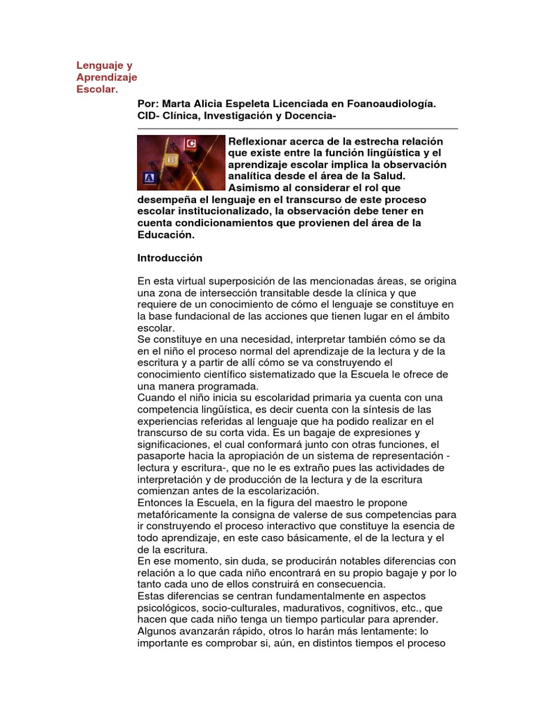 Lenguaje y Aprendizaje Escolar | PDF | Lectura (proceso) | Aprendizaje
