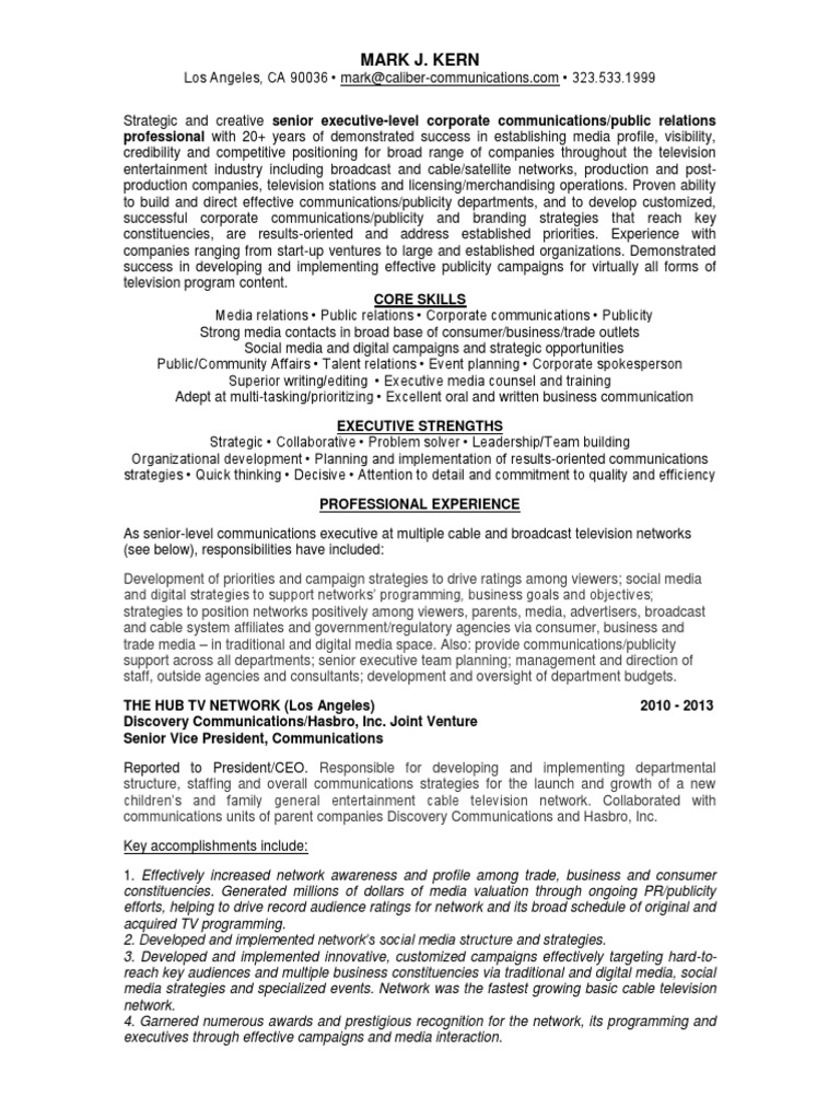 Senior VP Communications Public Relations In Los Angeles CA Resume Mark