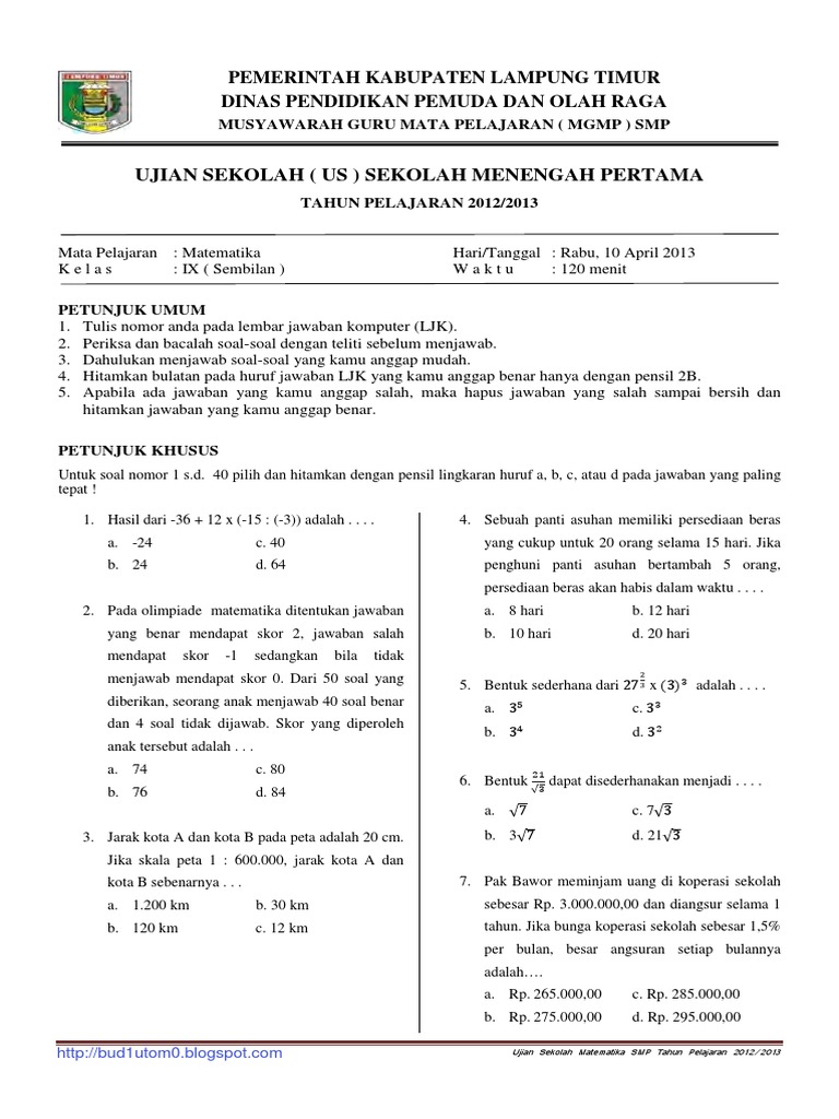 Soal Dan Pembahasan US Matematika SMP 2013