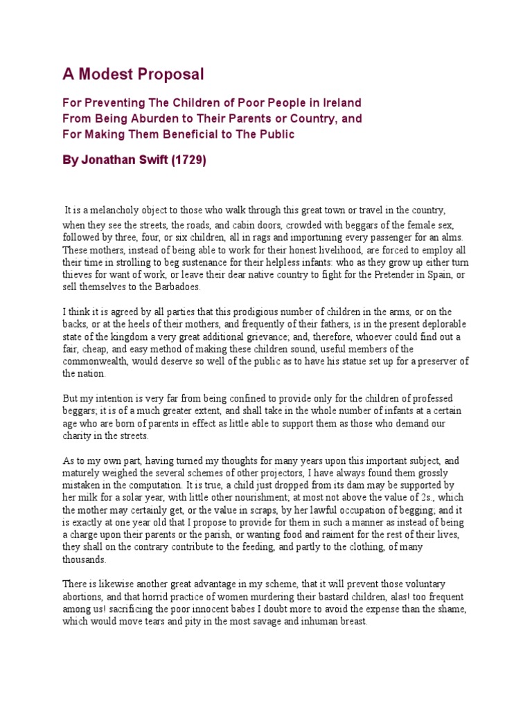 Jonathan Swift - A Modest Proposal | PDF | Cooking, Food & Wine | History