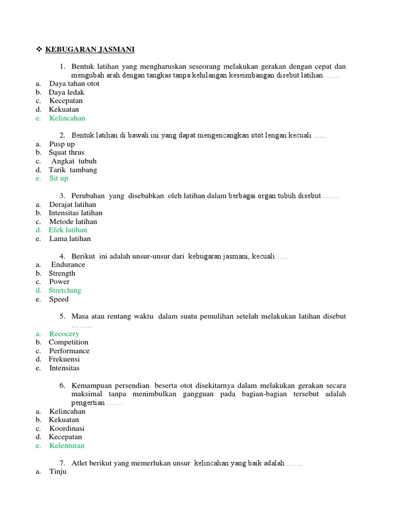 Soal Pilihan Berganda Kebugaran Jasmani Tingkat Smp Kelas 9