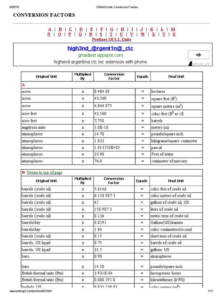 Oilfield Units Conversion Factors | PDF | Gallon | Tonne