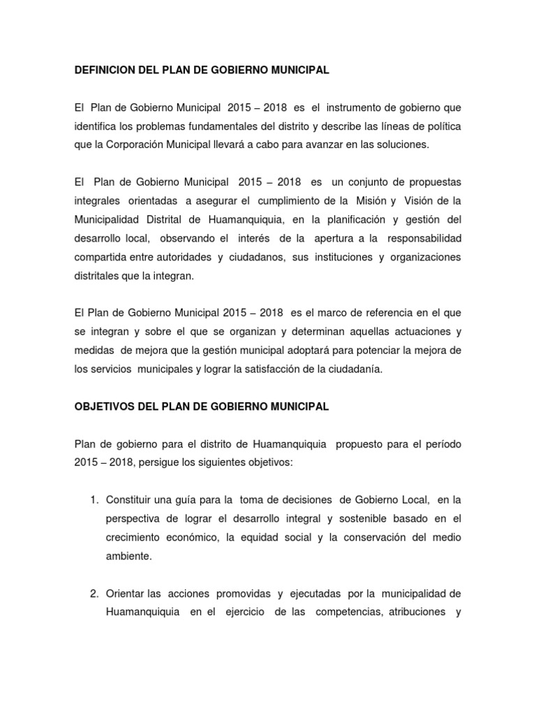 Plan de Gobierno Municipal Huamanquiquia 2015-2018 | PDF ...