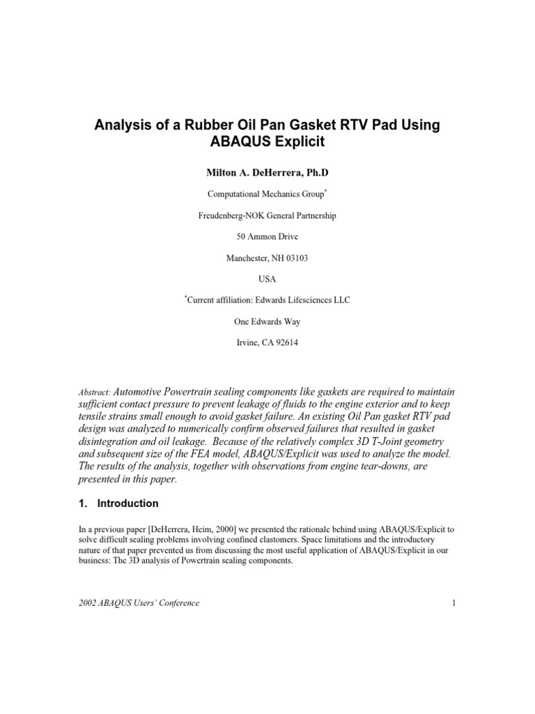 Analysis of a Rubber Oil Pan Gasket RTV Pad Using ABAQUS Explicit PDF