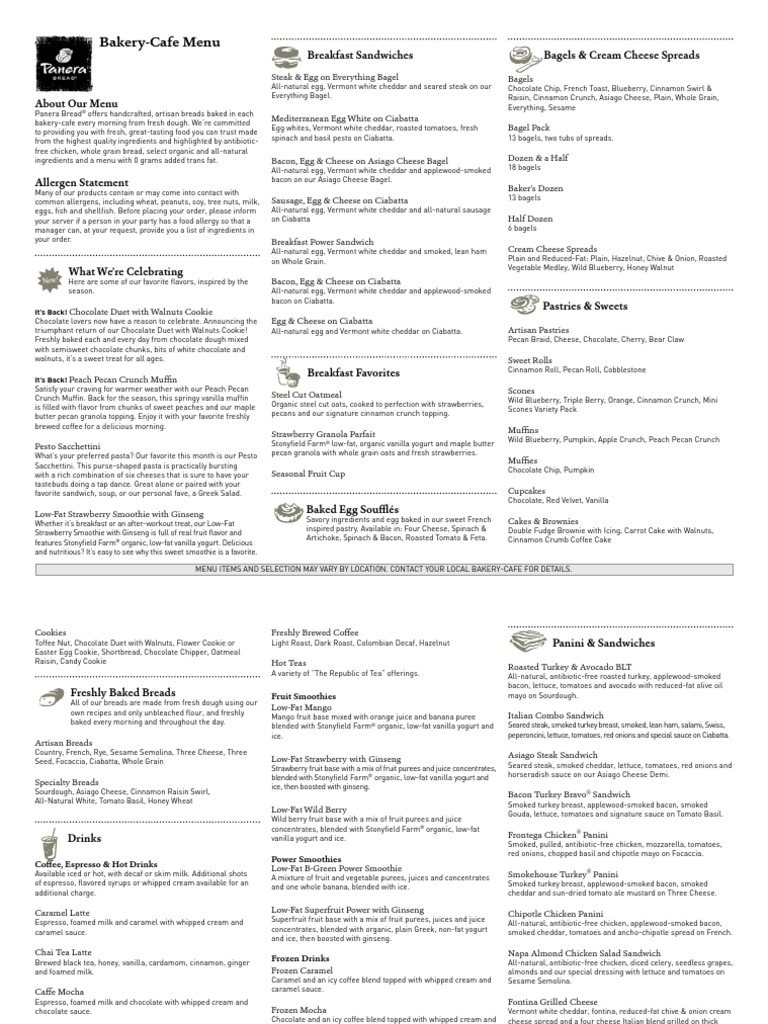 Panera printable menu discount