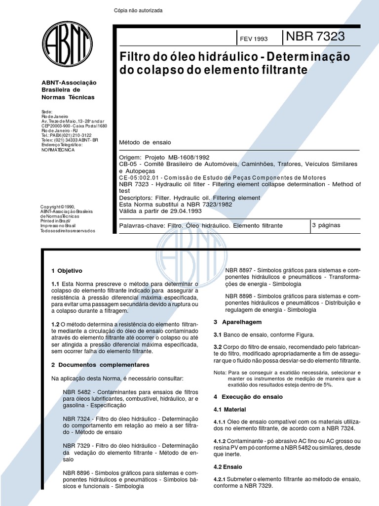 NBR 7323 (Fev 1993) - Filtro Do Óleo Hidráulico - Determinação Do ...