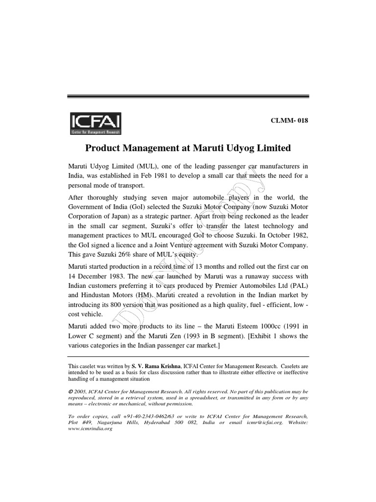 02.product Management at Maruti Udyog Limited PDF Car Automobiles