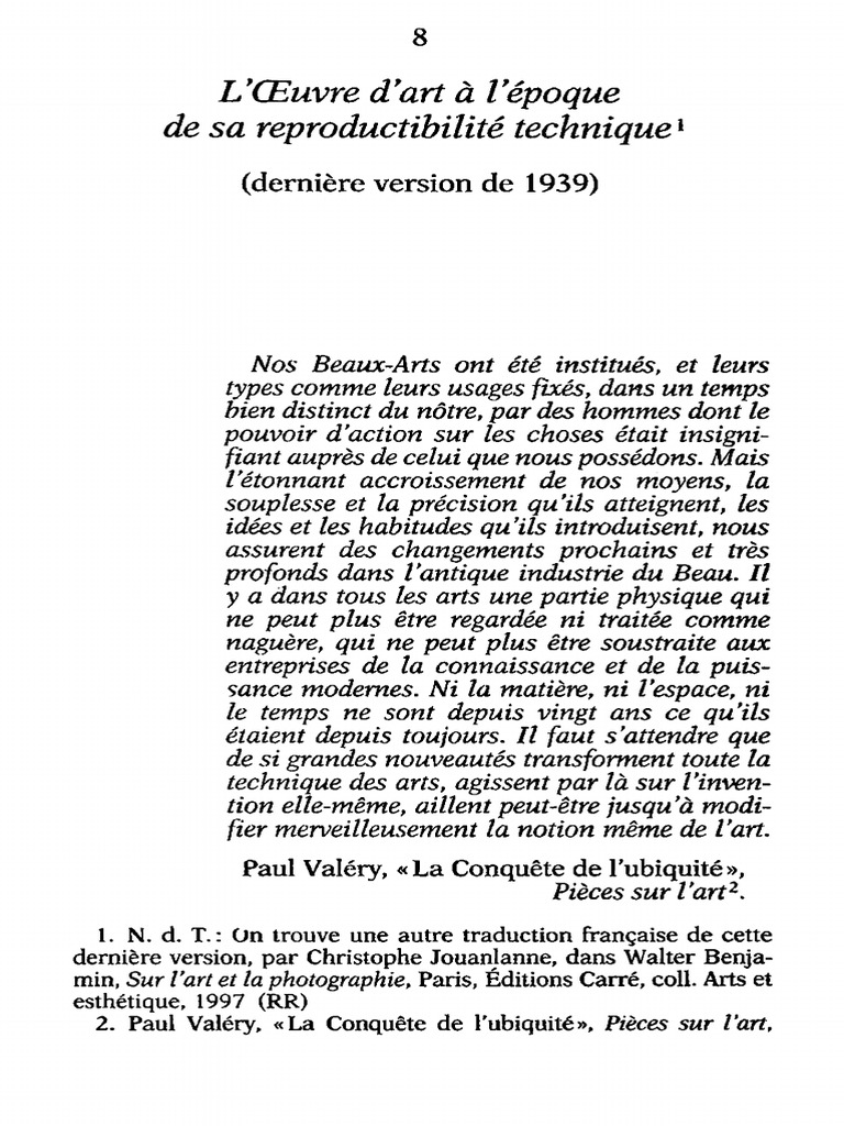 L oeuvre D art à L époque De Sa Reproductibilité Technique Pdf Benjamin - L'Oeuvre D'art À L'époque de Sa Reproductibilité Technique | PDF  | Lithographie | Cinématographie