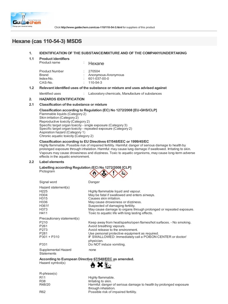 Hexane (Cas 110-54-3) MSDS | PDF | Toxicity | Personal Protective Equipment