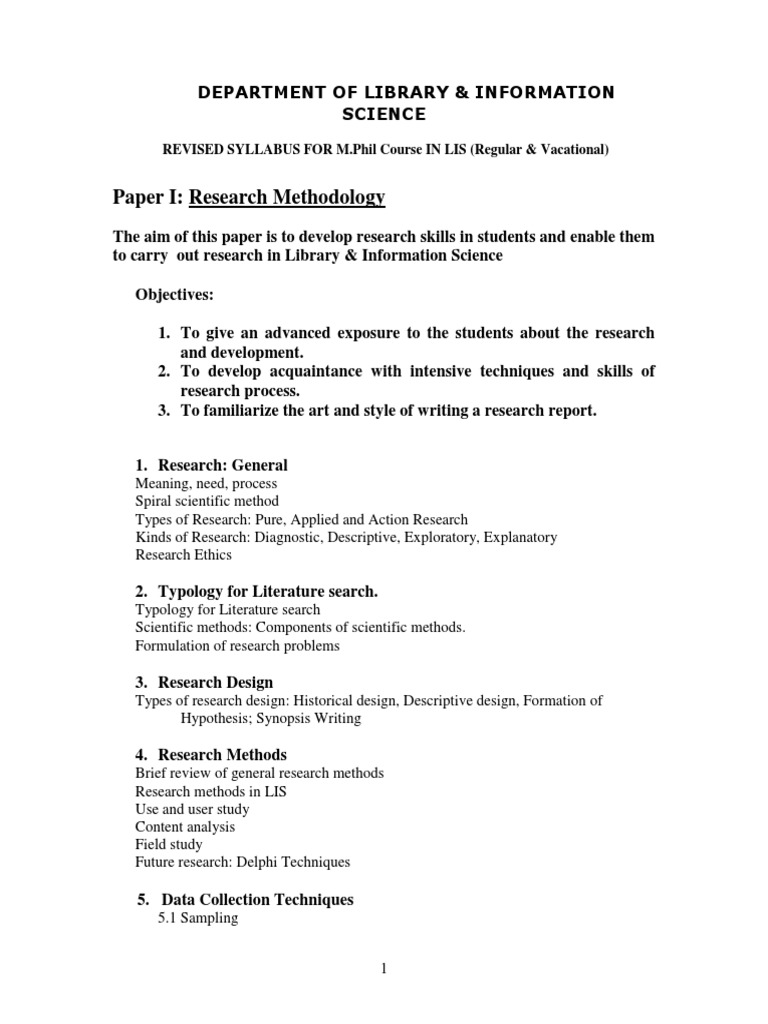 M.Phil LIS Syllabus: Research & Management | PDF | Library Science ...