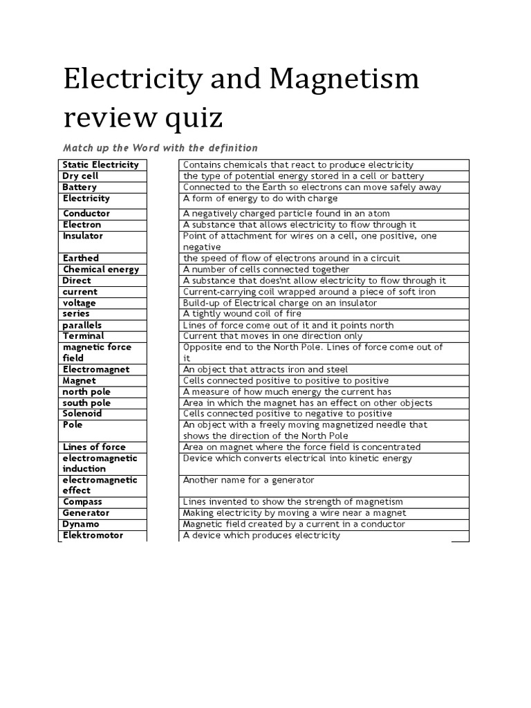 electricity quiz Electric Current Voltage