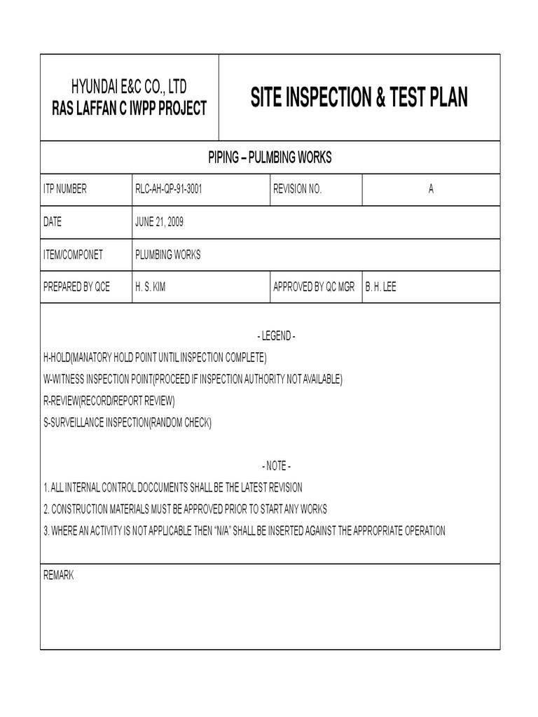 RLC-AH-QP-91-3001 Inspection Test Plan For Plumbing Works-1 | PDF ...