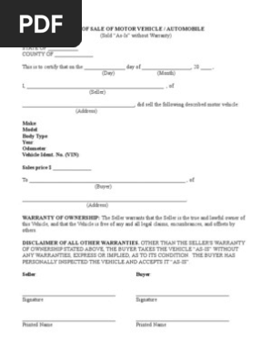 Motor Vehicle Bill of Sale