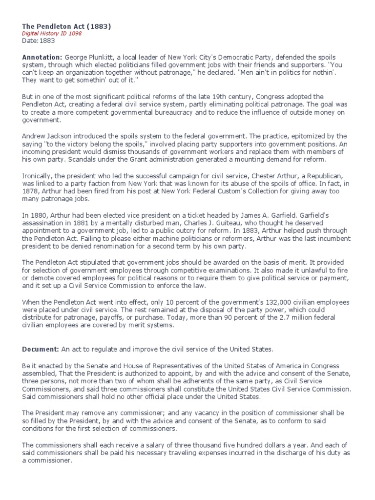 The Pendleton Act Civil Service Presidents Of The United States