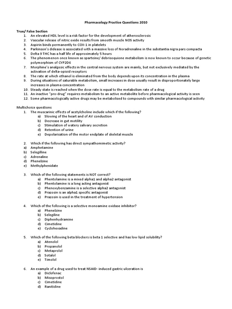 Pharmacology Practice Questions 2010 Receptor Antagonist Pharmacology